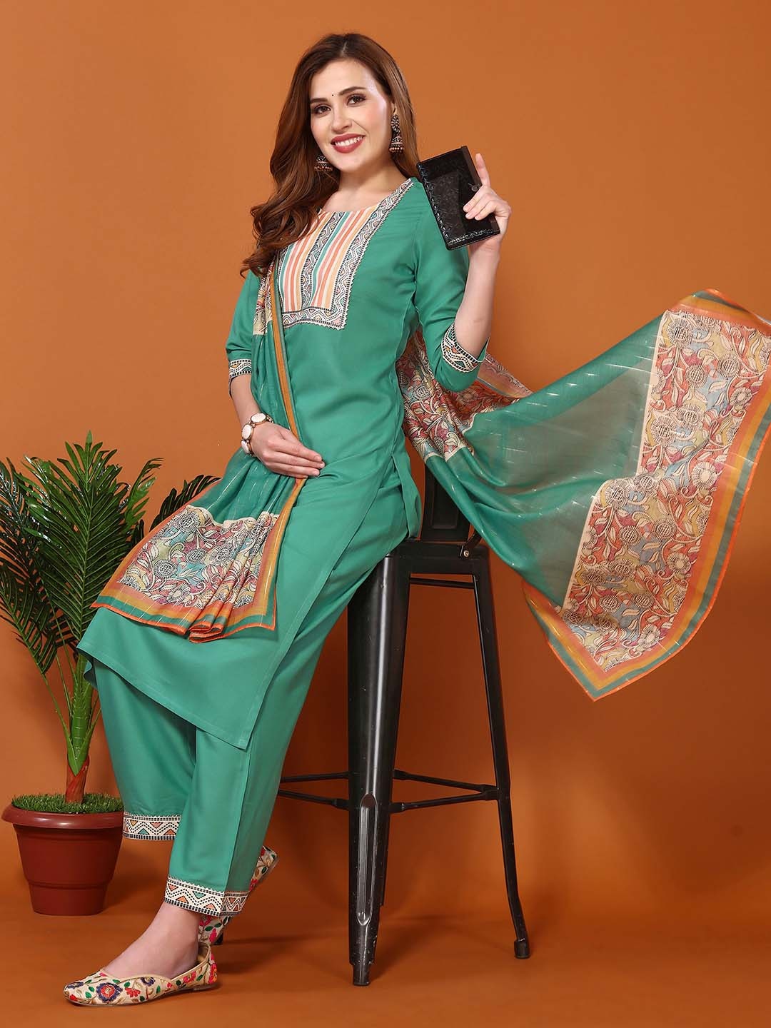 

KALINI Ethnic Motifs Digital Printed Gotta Patti Kurta with Palazzos & Dupatta, Sea green