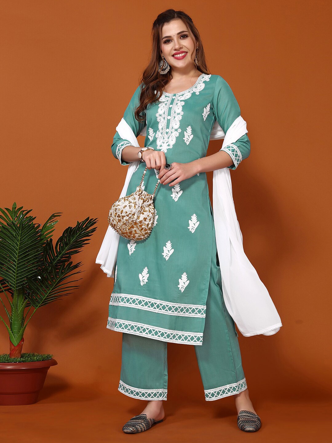 

KALINI Floral Embroidered Thread Work Kurta With Palazzos & Dupatta, Turquoise blue