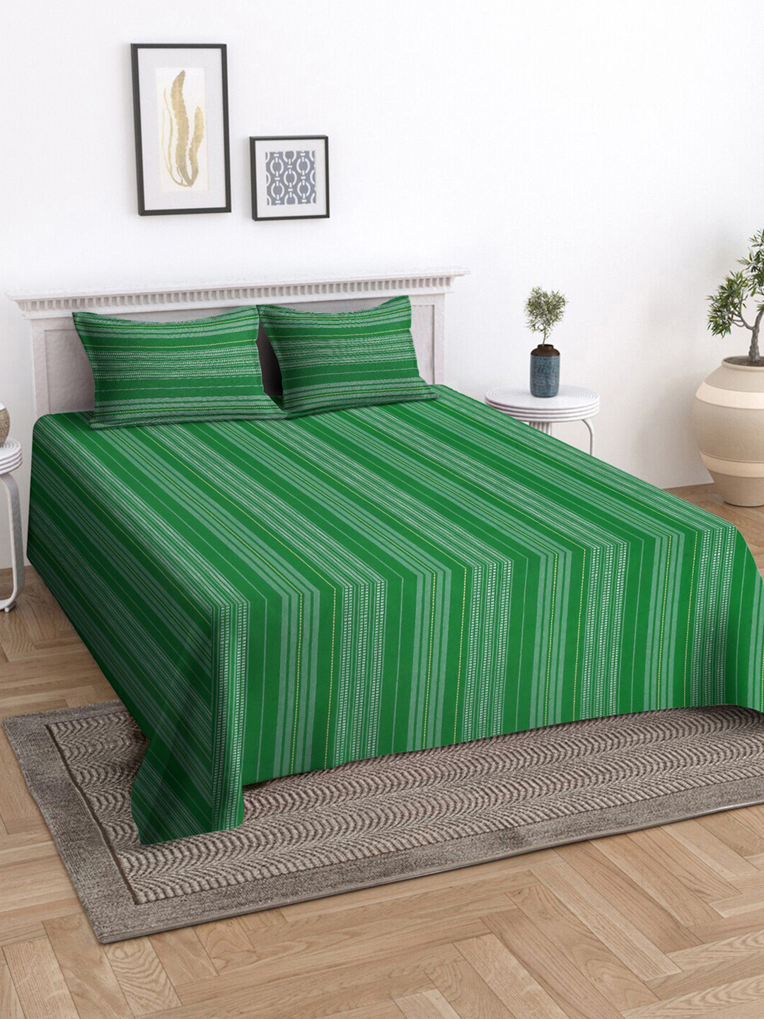 

KLOTTHE Green Striped Cotton 400 TC Double King Bedsheet Set