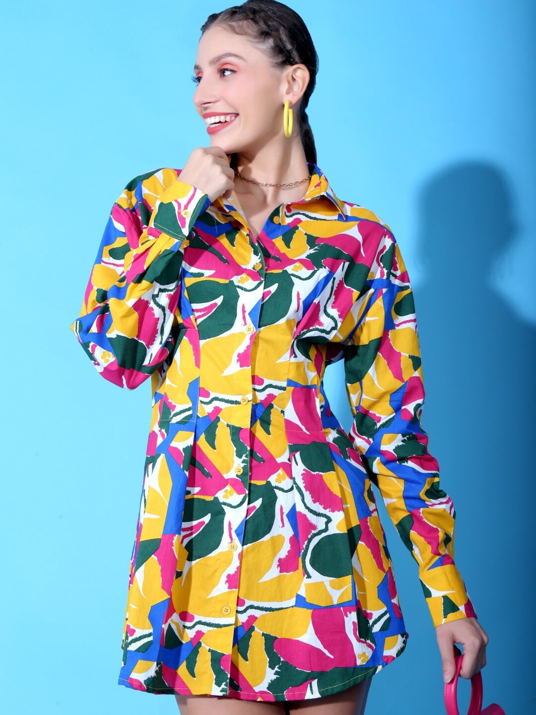 

Stylecast X Hersheinbox Abstract Printed Cuffed Sleeves Pure Cotton Mini Shirt Dress, Yellow