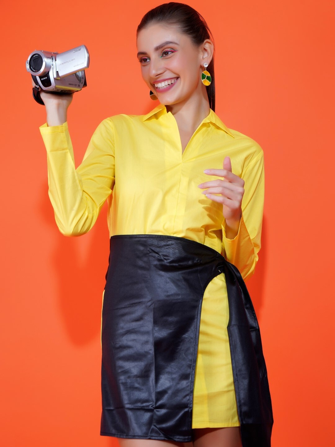 

Stylecast X Hersheinbox Colourblocked Shirt Collar Pure Cotton Sheath Mini Dress, Yellow
