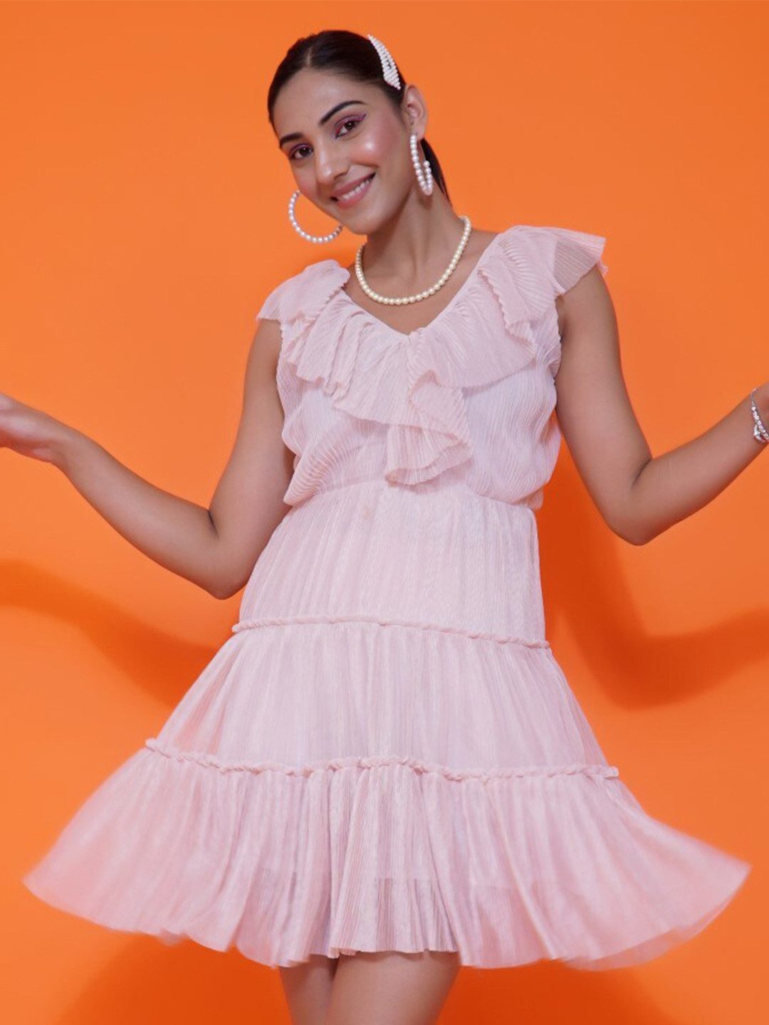 

Stylecast X Hersheinbox Beige V-Neck Ruffled Net A-Line Dress