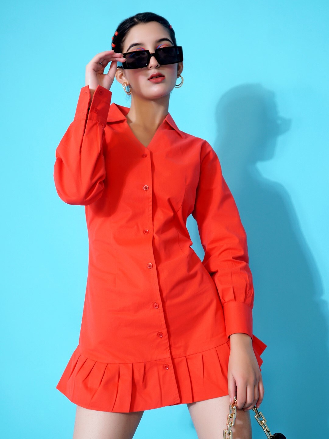 

Stylecast X Hersheinbox Red Shirt Collar Pure Cotton Shirt Mini Dress