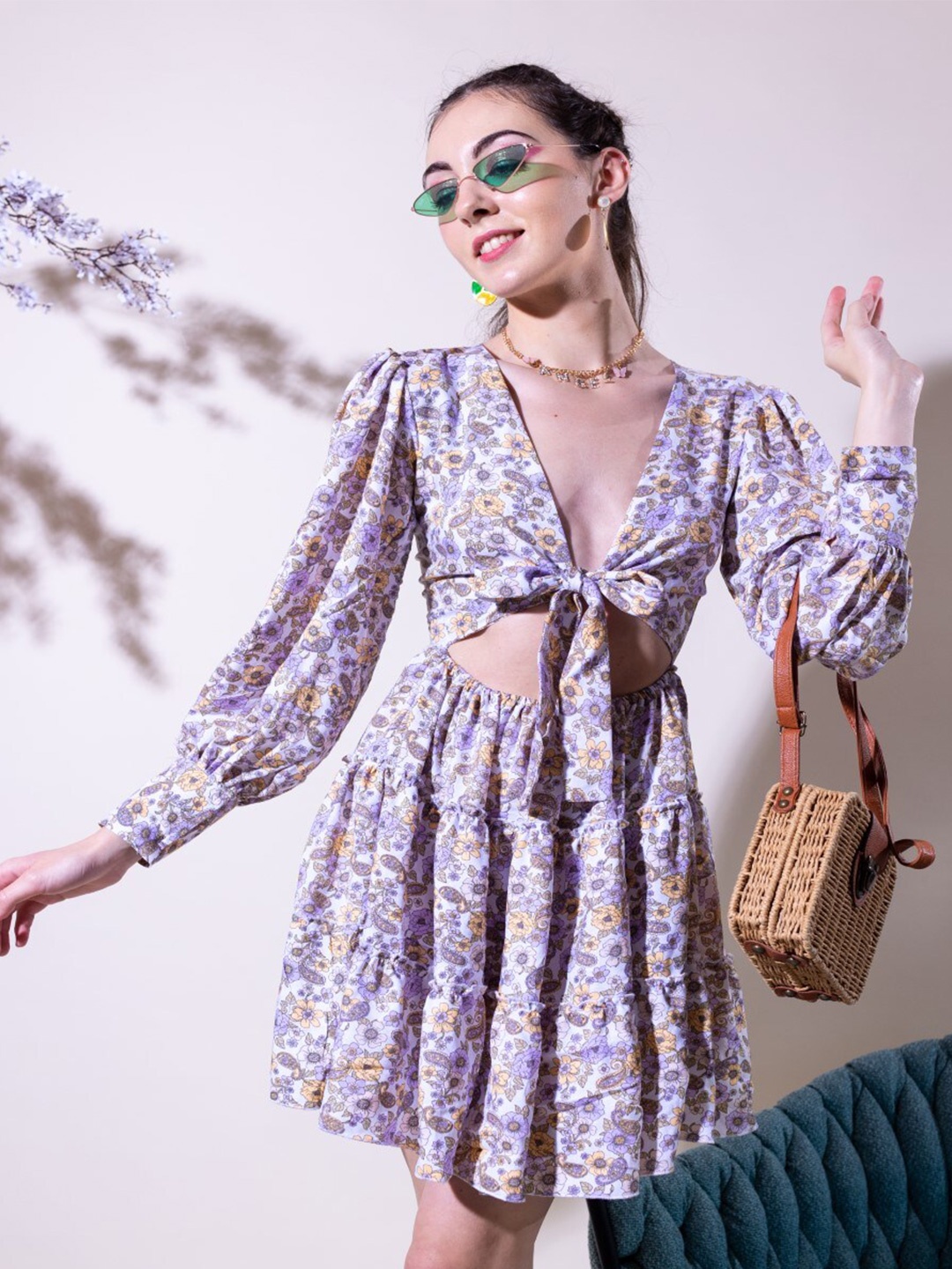 

Stylecast X Hersheinbox Purple & Grey Floral Printed Pure Cotton Fit & Flare Dress