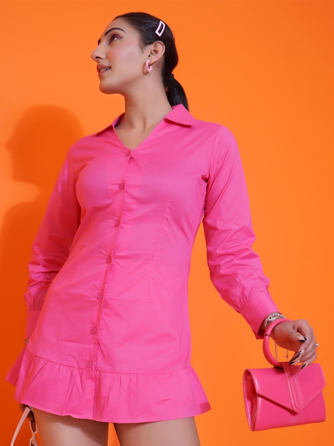 

Stylecast X Hersheinbox Pink Cuffed Sleeves Pure Cotton Shirt Dress