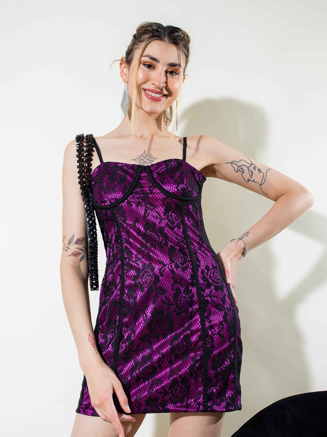 

Stylecast X Hersheinbox Purple & Black Self Design Shoulder Straps Sheath Mini Dress