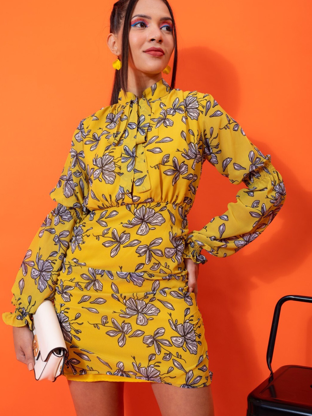 

Stylecast X Hersheinbox Floral Print Tie-Up Neck Cuffed Sleeves Georgette Sheath Dress, Mustard