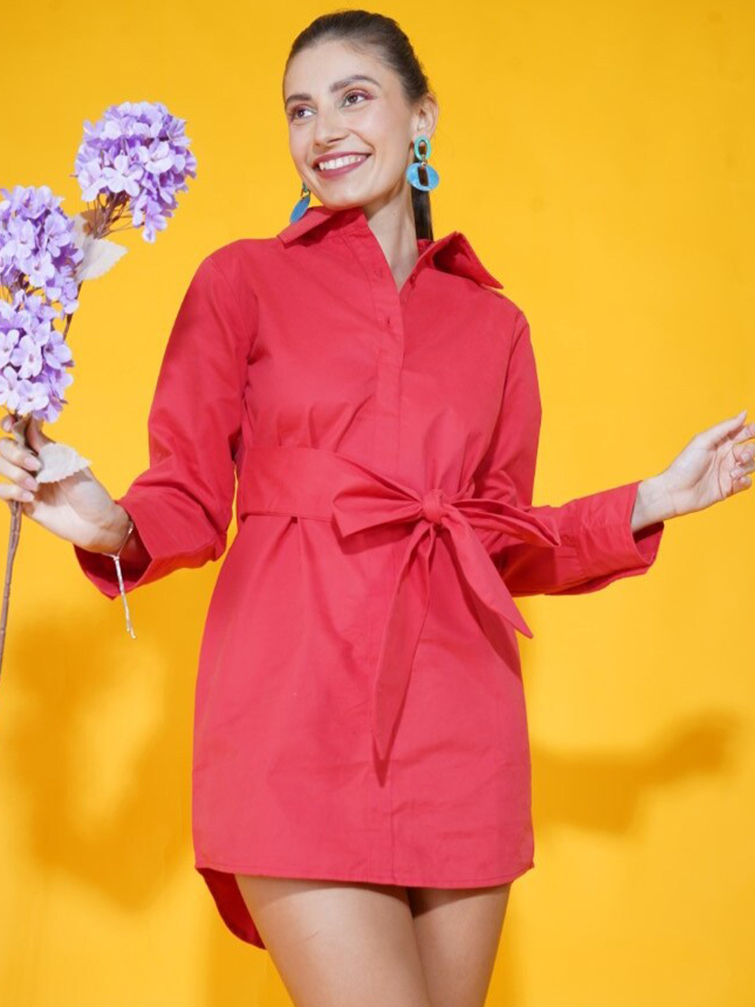 

Stylecast X Hersheinbox Red Shirt Collar Pure Cotton Shirt Dress