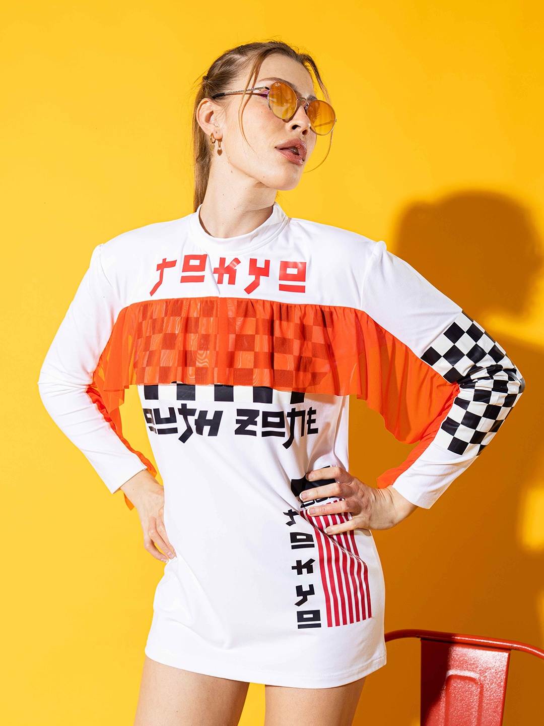 

Stylecast X Hersheinbox White Graphic Printed Ruffled T-shirt Mini Dress