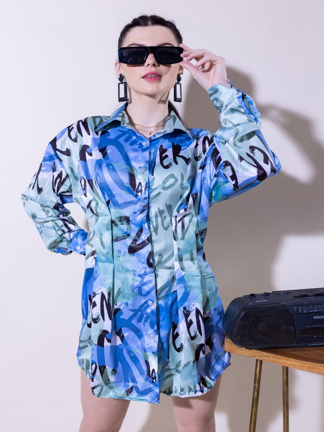 

Stylecast X Hersheinbox Blue & Black Typography Print Cuffed Sleeve Shirt Style Dress