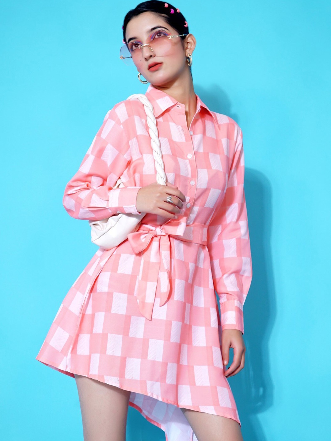 

Stylecast X Hersheinbox Checked Spread Collar Tie-Ups Shirt Mini Dress, Pink