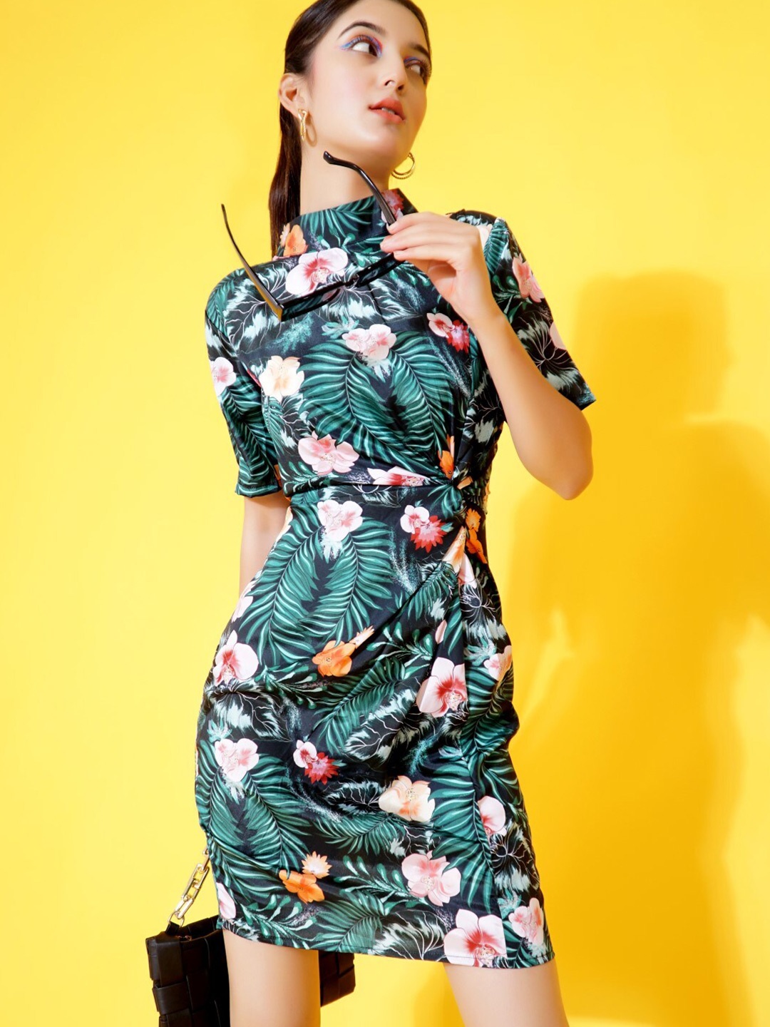 

Stylecast X Hersheinbox Blue & Green Tropical Printed High Neck Sheath Dress