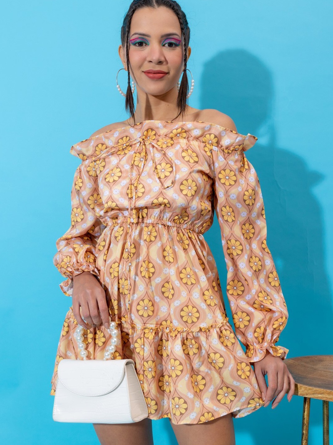 

Stylecast X Hersheinbox Beige Floral Printed Off-Shoulder Crepe Fit & Flare Mini Dress