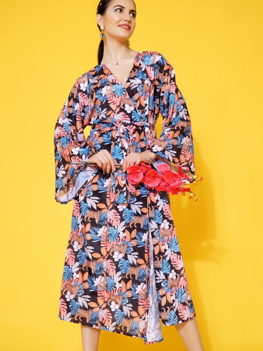 

Stylecast X Hersheinbox Floral Print V-Neck Flared Sleeves Tie-Ups Satin A-Line Midi Dress, Black