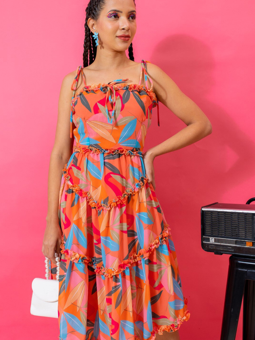 

Stylecast X Hersheinbox Floral Printed Shoulder Straps Georgette Fit & Flare Midi Dress, Orange