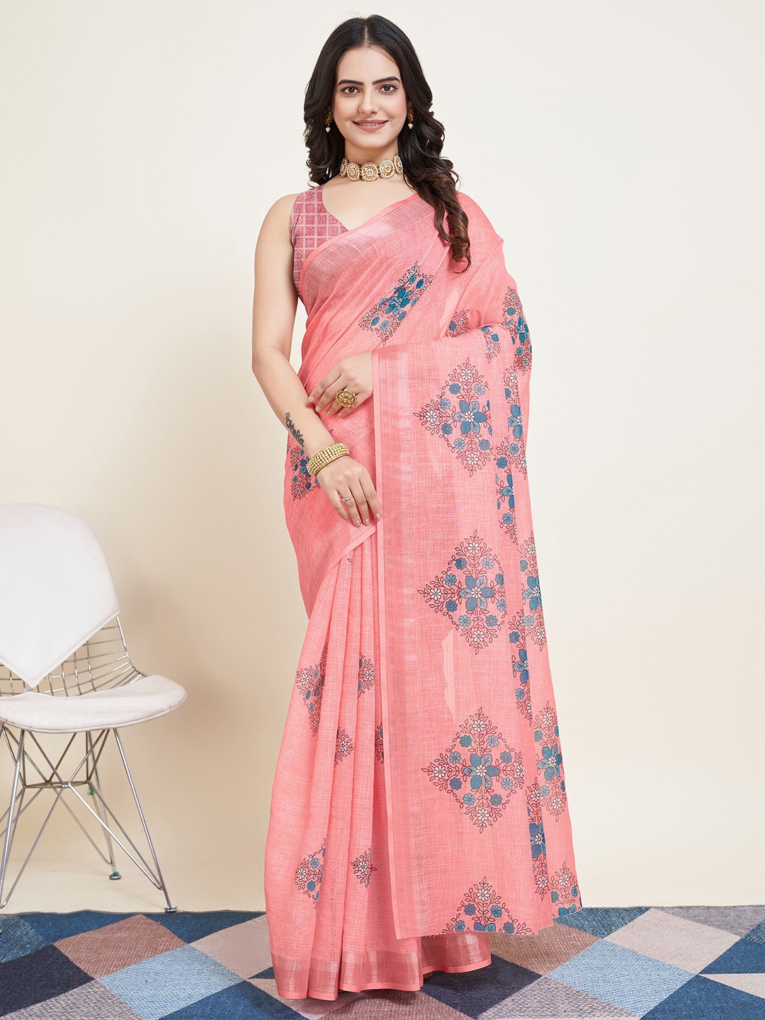 

KALINI Floral Printed Zari Cotton Silk Saree, Peach