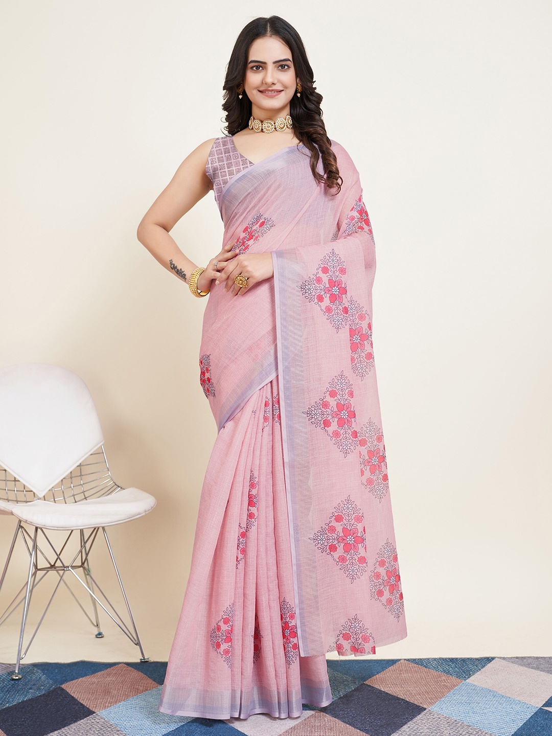 

KALINI Ethnic Motifs Printed Zari Detail Saree, Pink