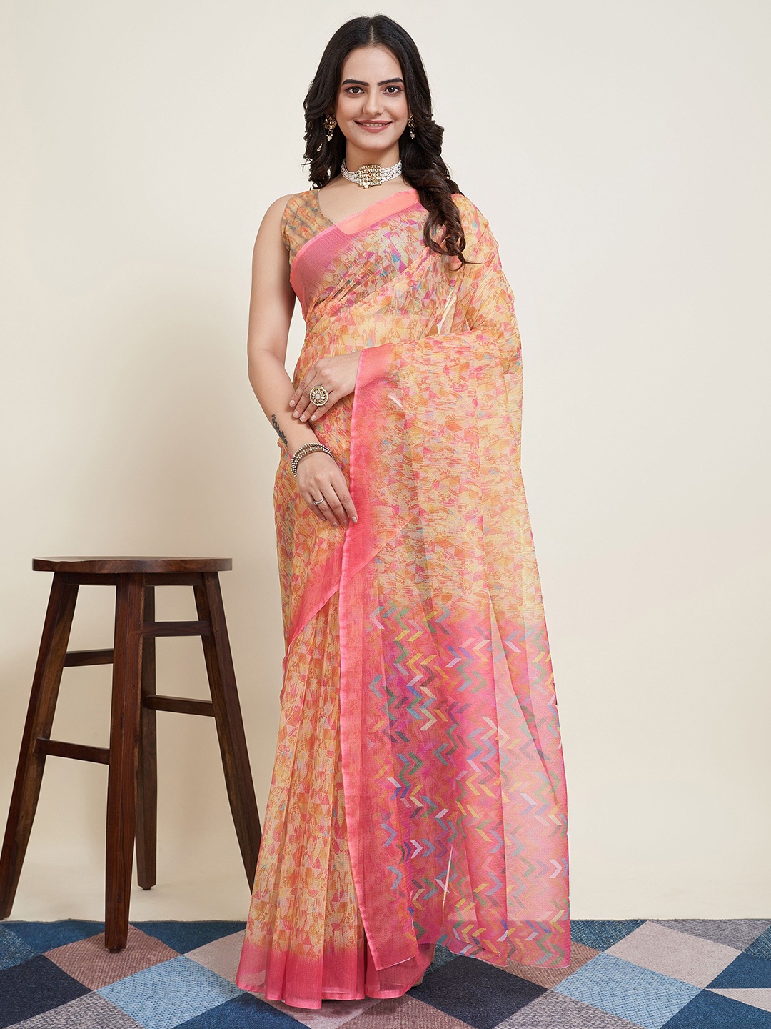 

KALINI Abstract Printed Net Saree, Yellow