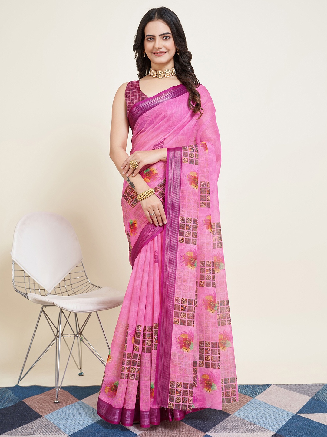 

KALINI Ethnic Motifs Printed Cotton Silk Saree, Pink
