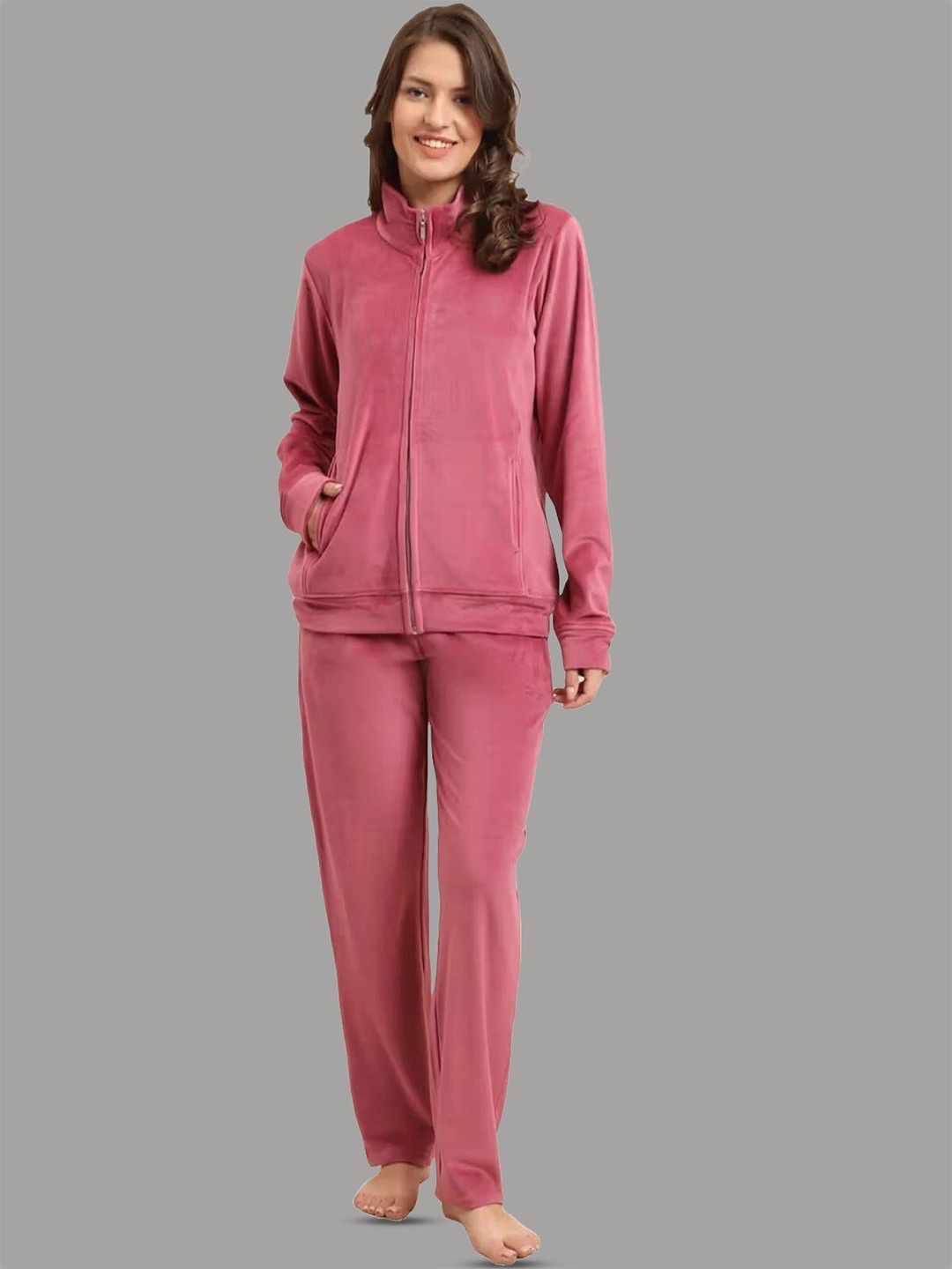 

FNOCKS Shirt Collar Fleece Night suit, Pink
