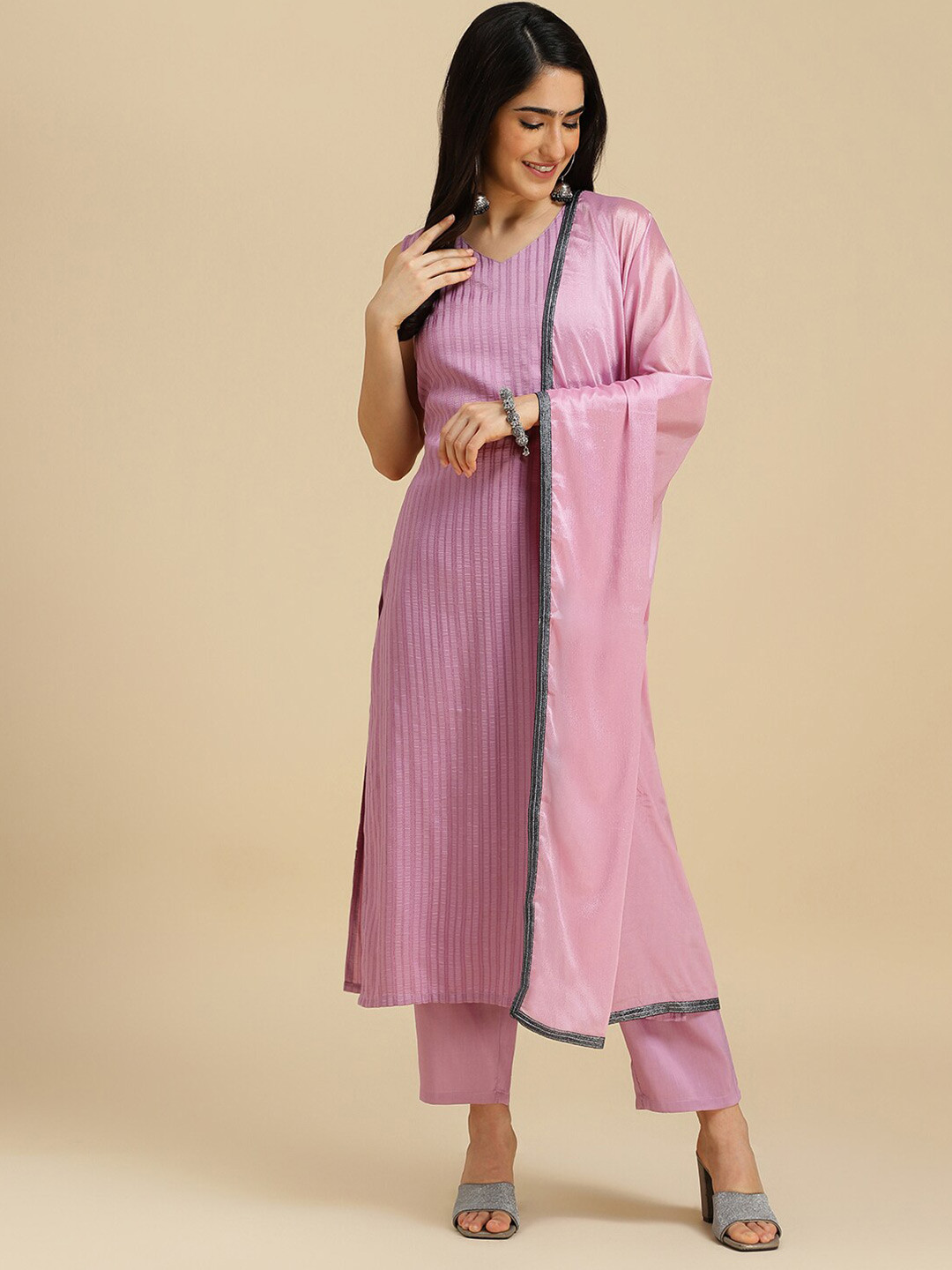 

MOKOSH Striped Straight Kurta & Trousers With Dupatta, Pink