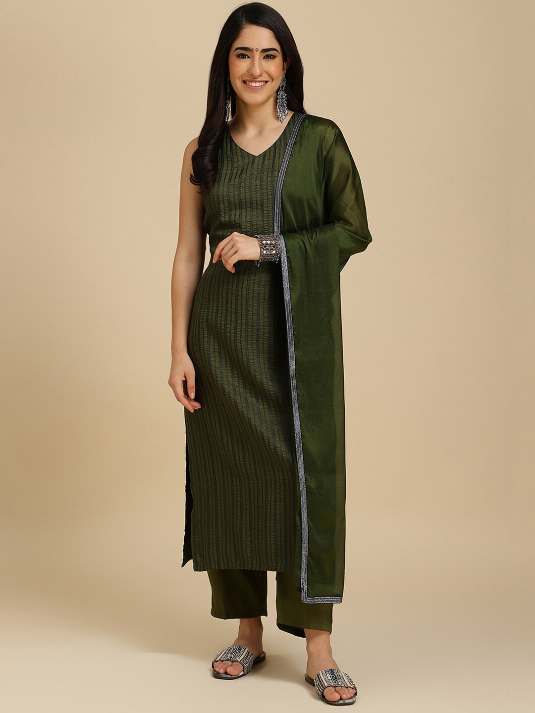 

MOKOSH Striped Straight Kurta & Trousers With Dupatta, Green