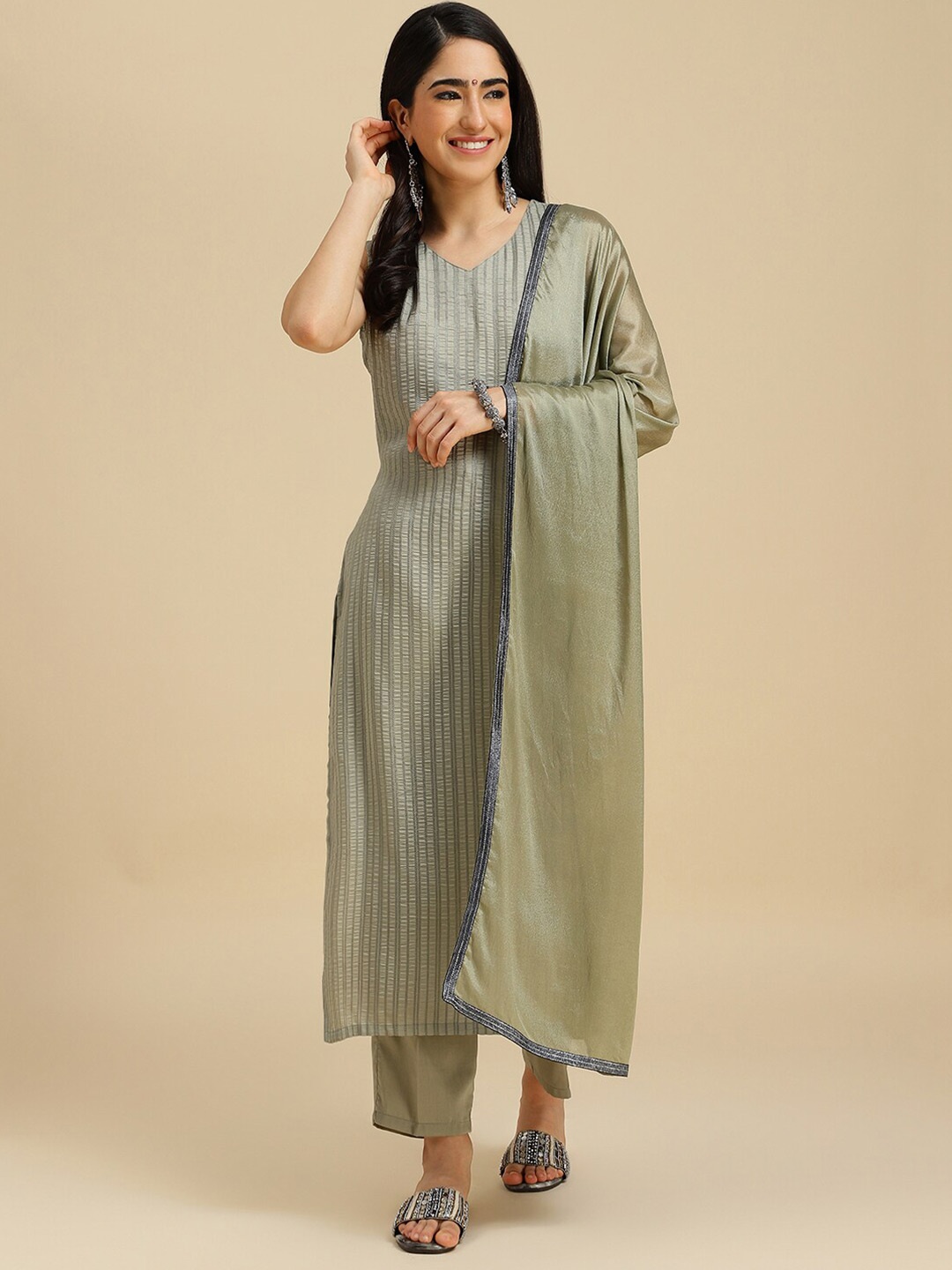 

MOKOSH Striped V-Neck Straight Kurta with Trousers & Dupatta, Cream