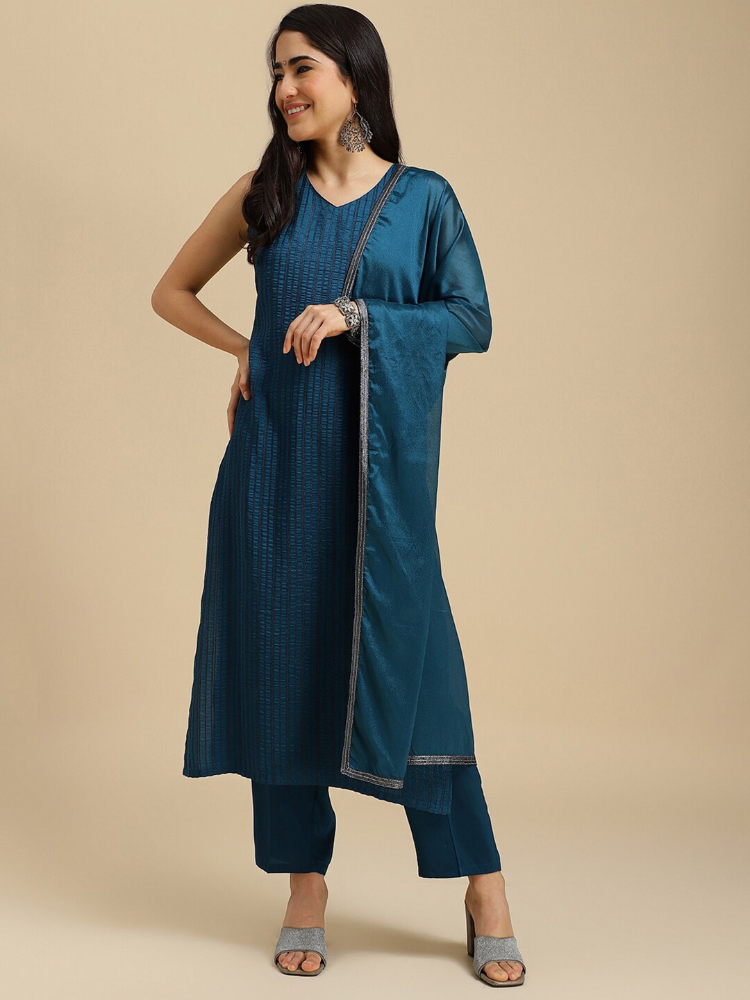 

MOKOSH Striped V-Neck Straight Kurta with Trousers & Dupatta, Teal