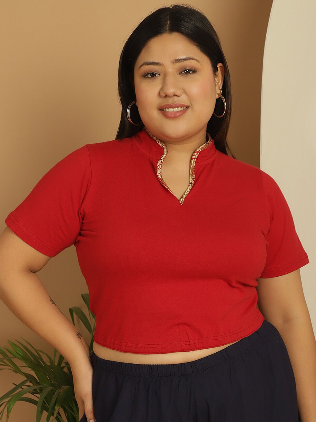 

theRebelinme Plus Size Mandarin Collar Cotton Crop Top, Maroon