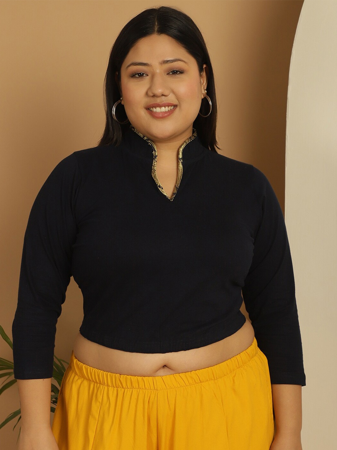 

theRebelinme Plus Size Mandarin Collar Cotton Crop Top, Navy blue