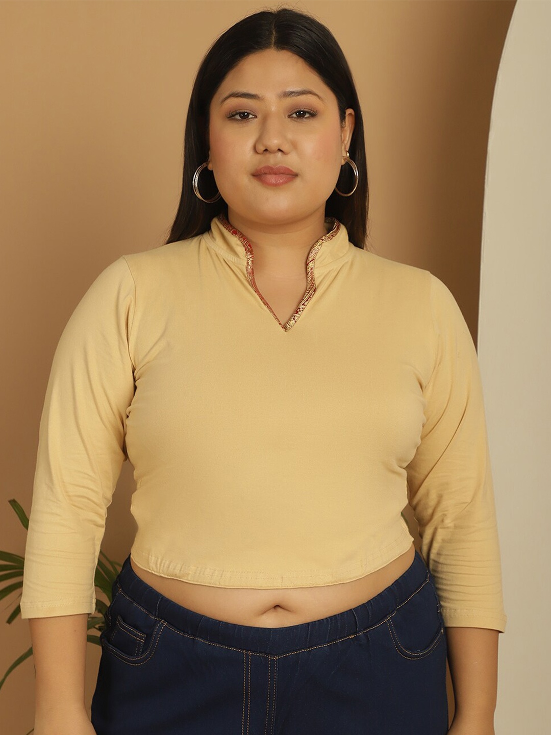 

theRebelinme Plus Size Mandarin Collar Crop Top, Beige