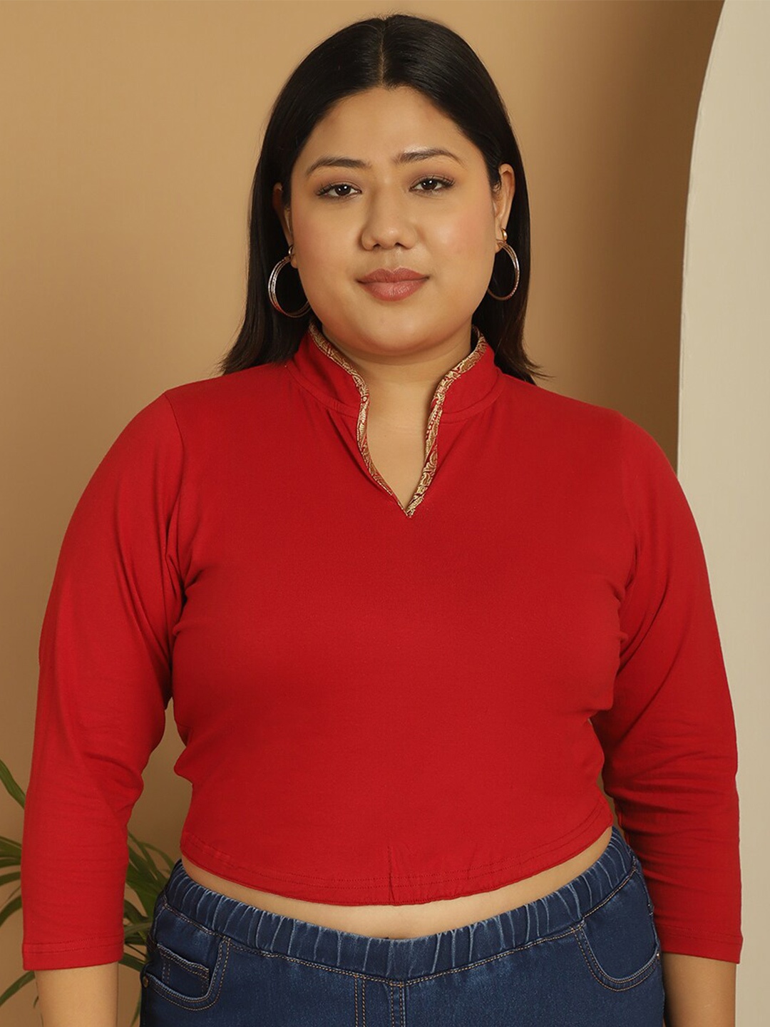 

theRebelinme Plus Size Mandarin Collar Cotton Crop Top, Maroon