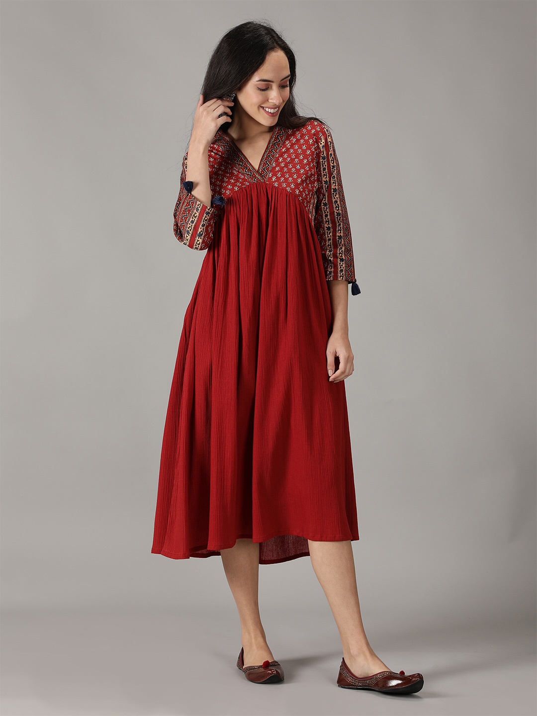 

KASYA Ethnic Motifs Printed Cotton Empire Midi Dress, Maroon