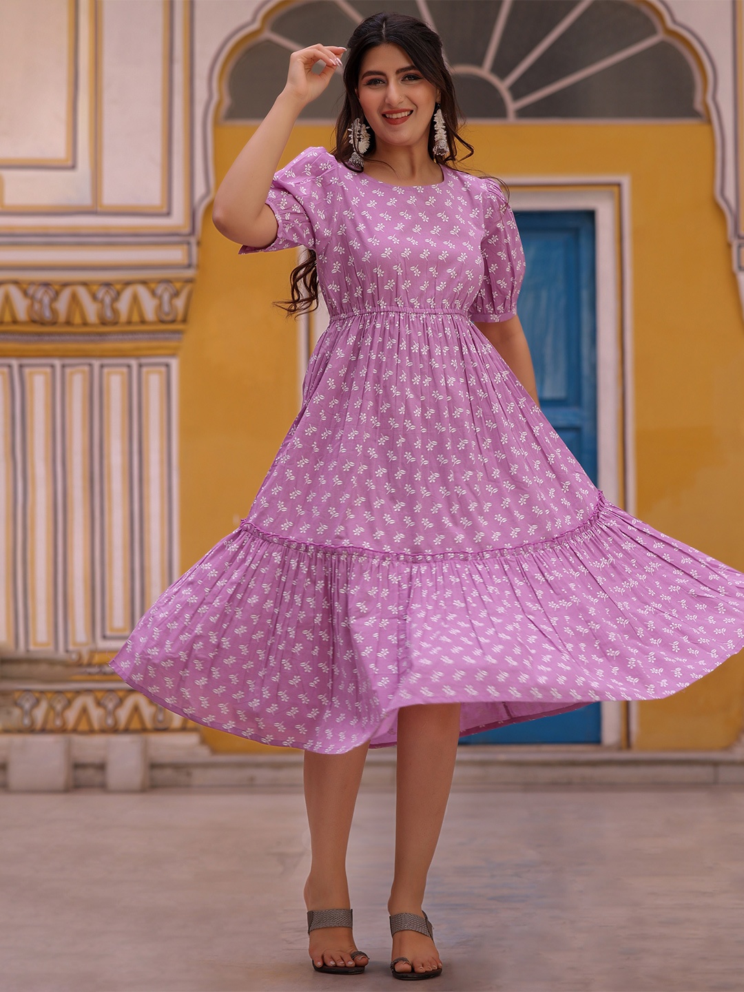 

KASYA Floral Print Cotton Tiered Puff Sleeve Fit & Flare Dress, Lavender
