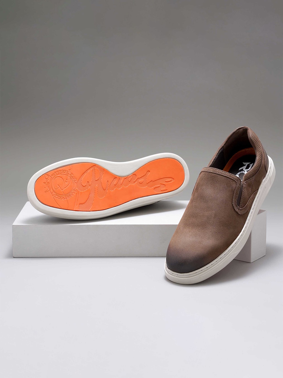 

Ruosh Men Comfort Insole Round Toe Contrast Sole Leather Slip-On Sneakers, Tan