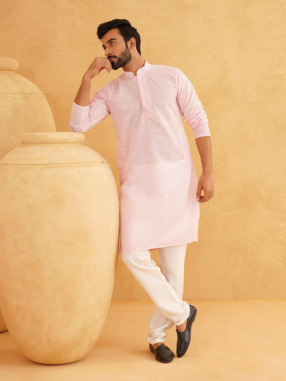 

SOJANYA Ethnic Motifs Embroidered Thread Work Pure Cotton Kurta with Churidar, Pink