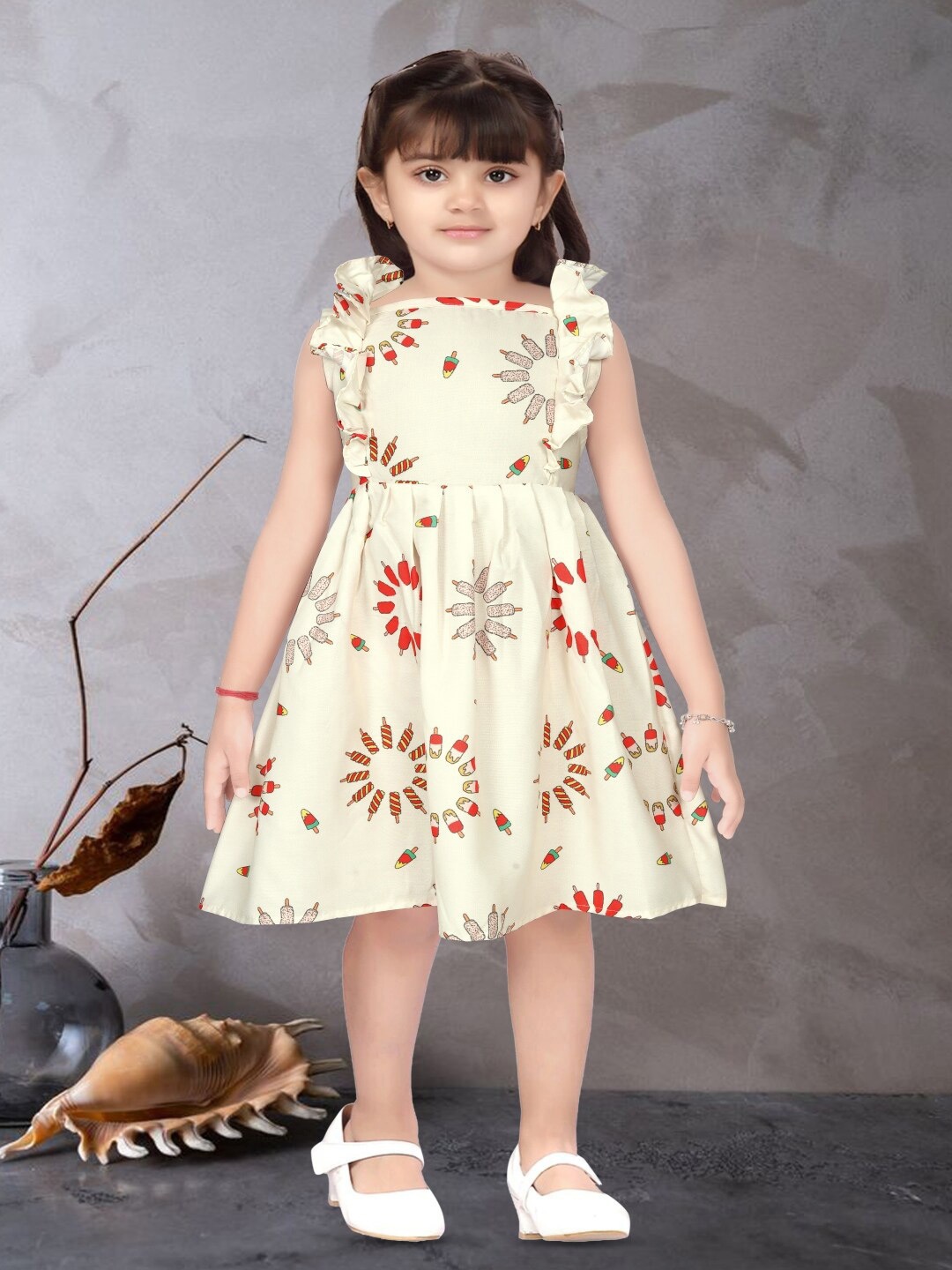 

BAESD Girls Conversational Printed Square Neck Fit & Flare Dress, White