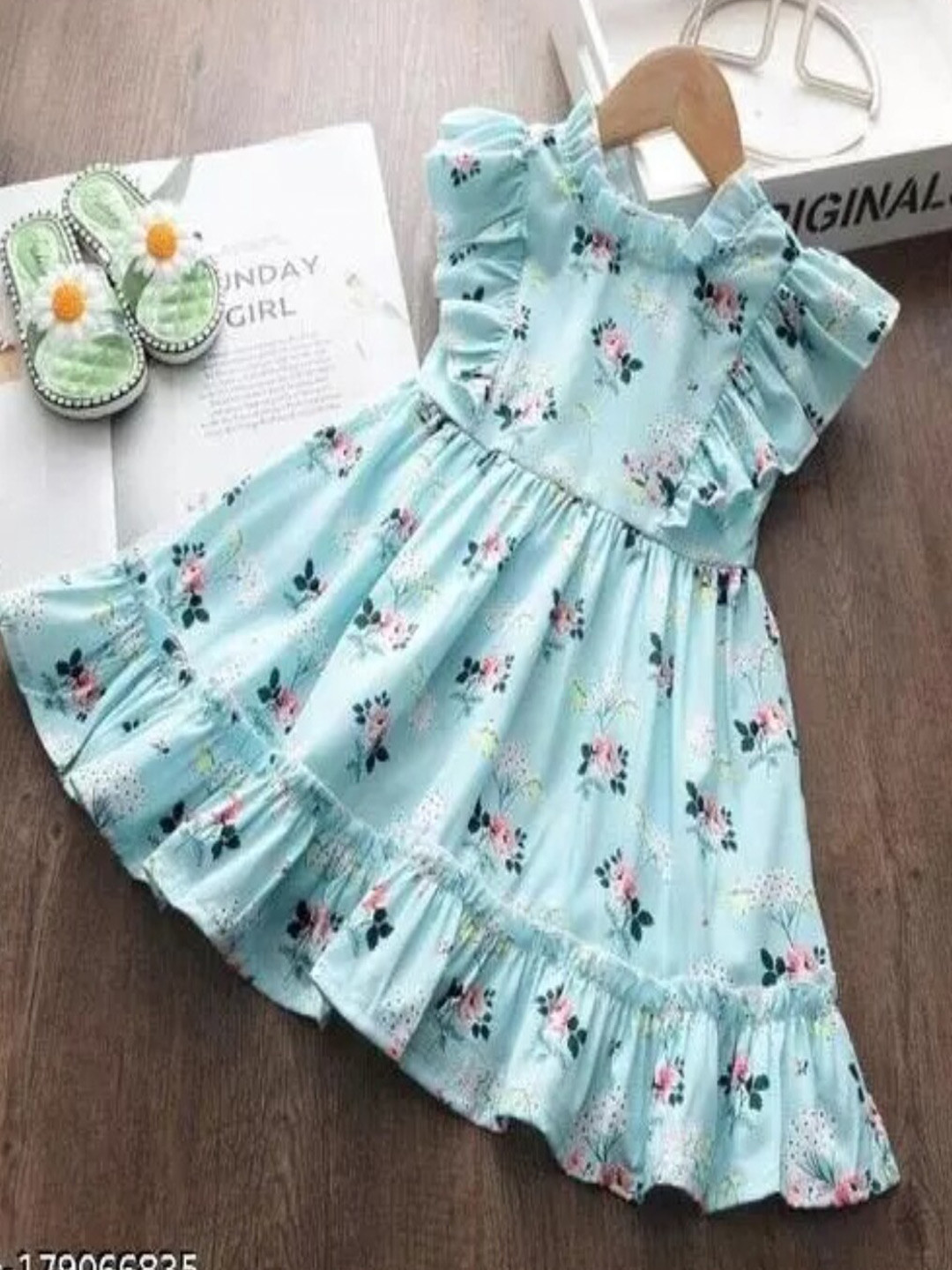 

BAESD Girls Floral Printed Ruffles Print Fit & Flare Dress, Turquoise blue