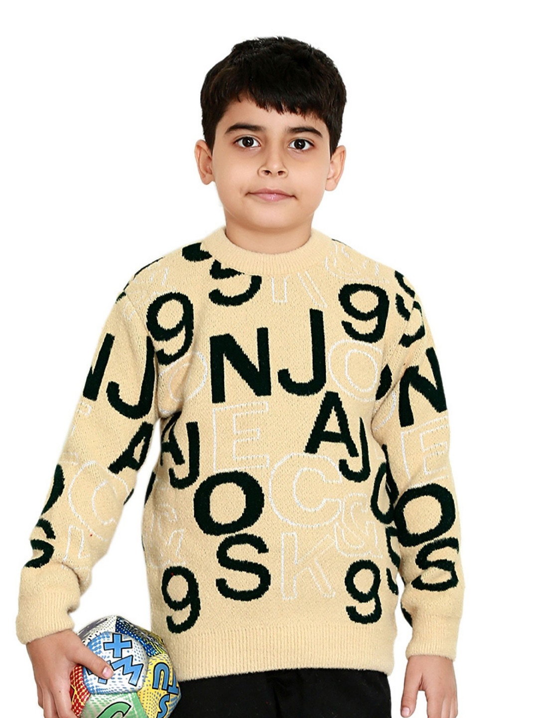 BAESD Boys Typography Printed Round Neck Sweater, Yellow