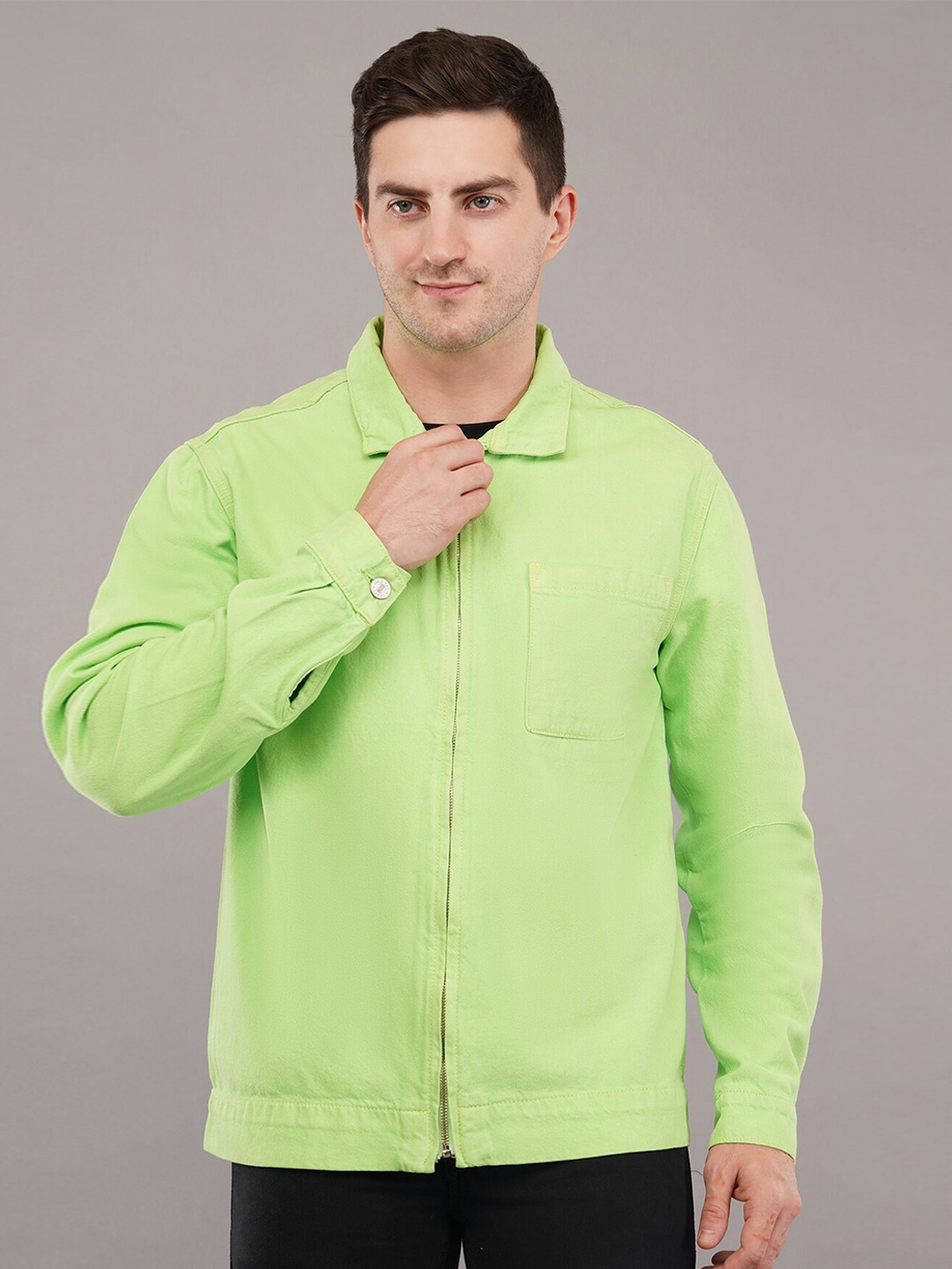 

Mast & Harbour Green Spread Collar Denim Jacket