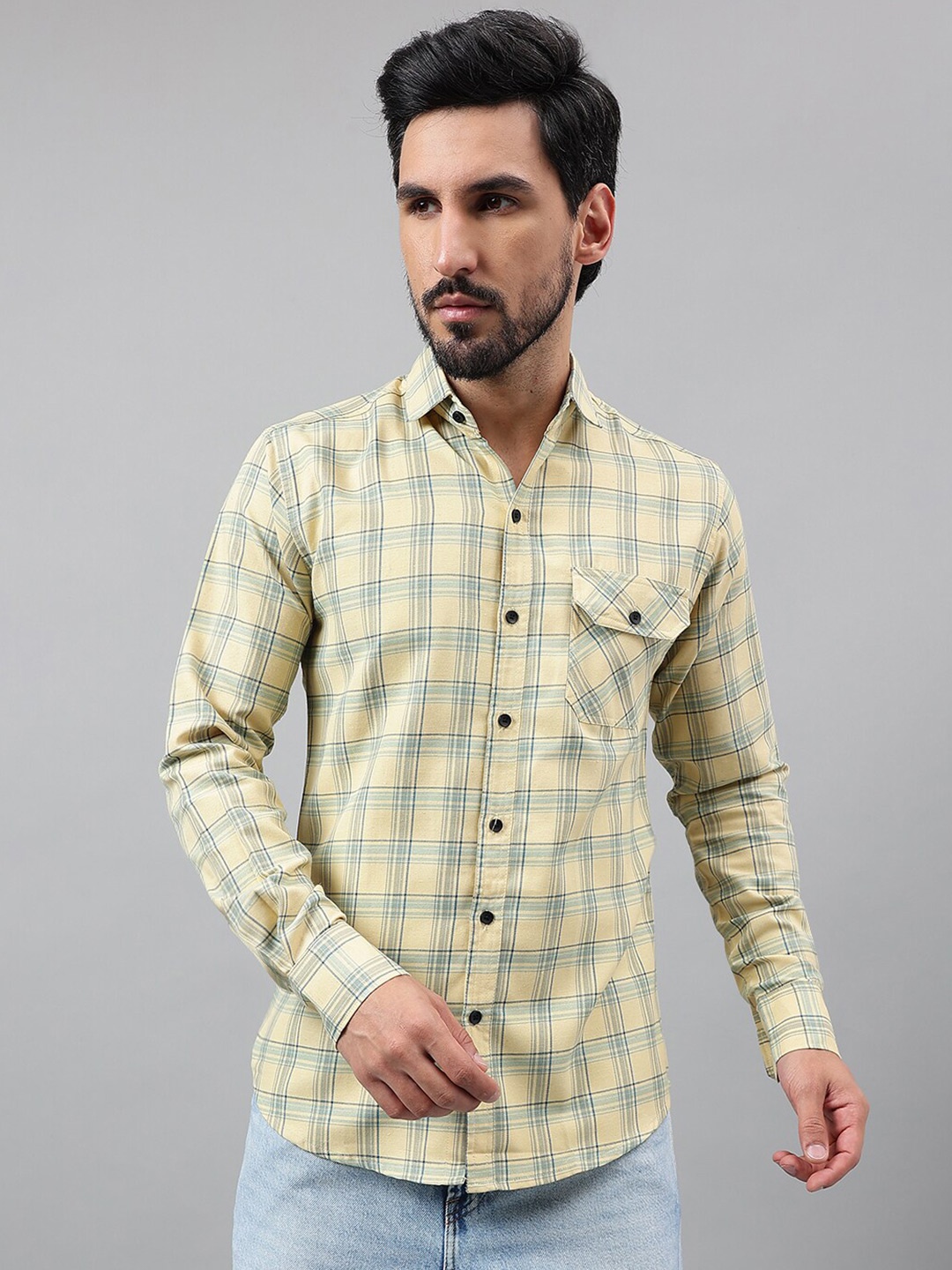 

Voroxy New Checked Spread Collar Long Sleeves Cotton Casual Shirt, Yellow