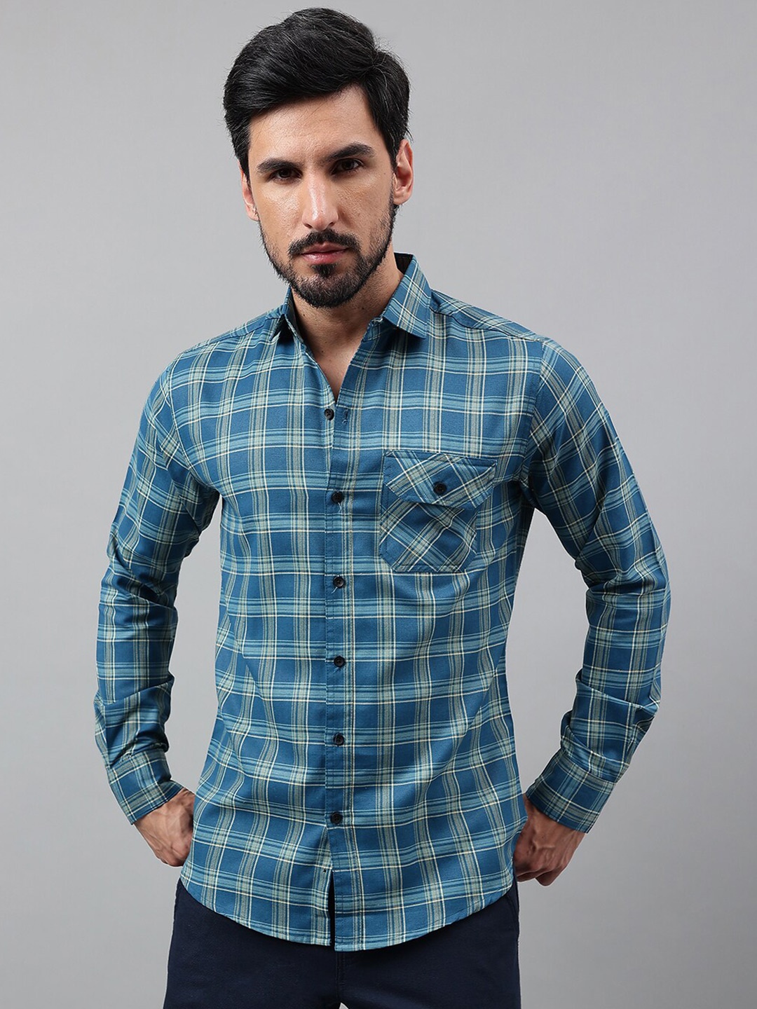 

Voroxy New Tartan Checked Spread Collar Cotton Casual Shirt, Blue