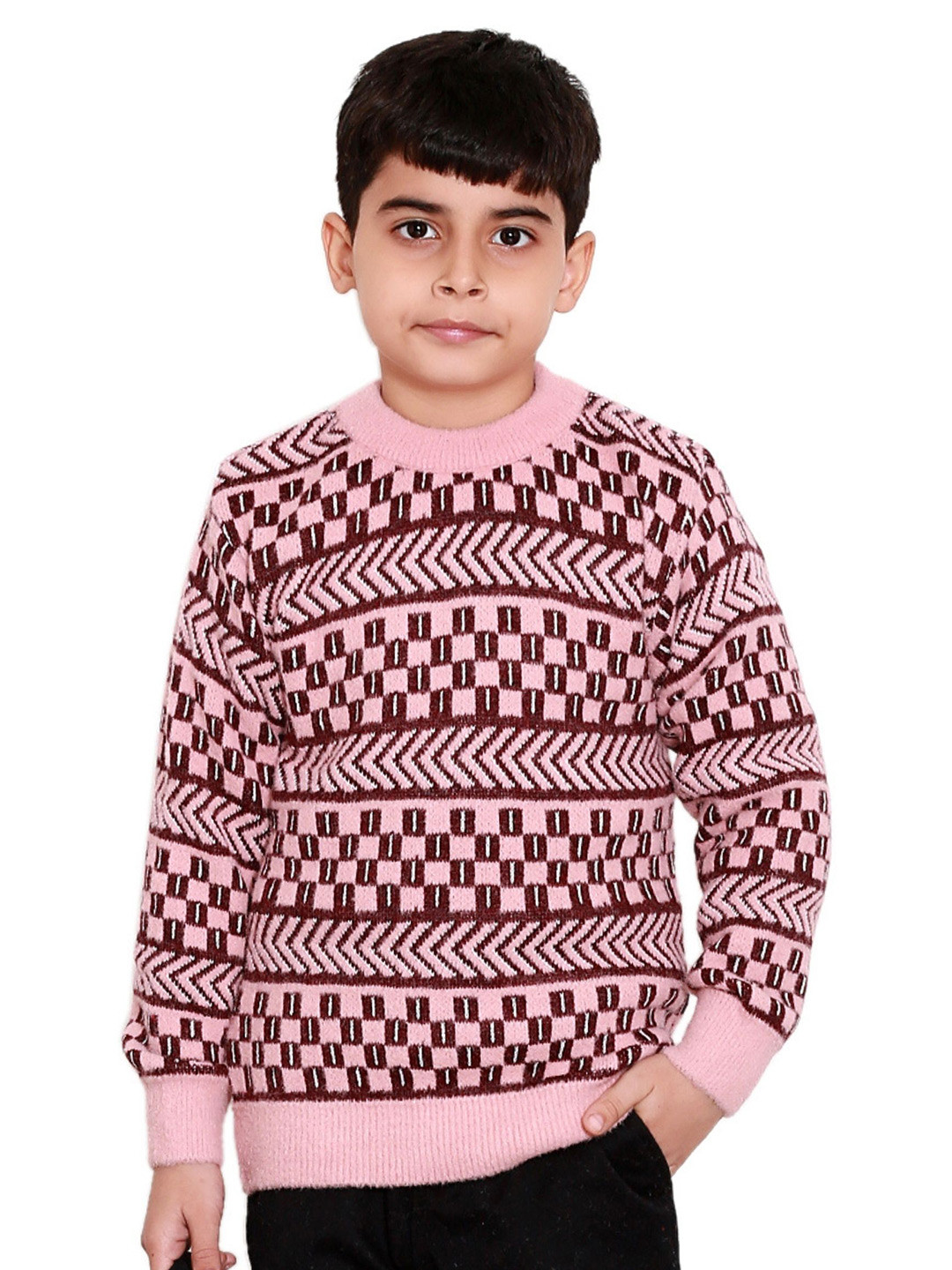 

BAESD Boys Geometric Printed Round Neck Long Sleeves Pullover Sweater, Pink