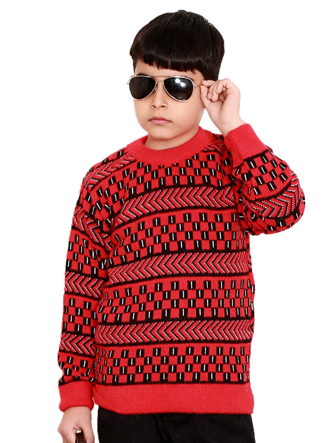 

BAESD Boys Geometric Printed Round Neck Long Sleeves Acrylic Pullover Sweater, Red