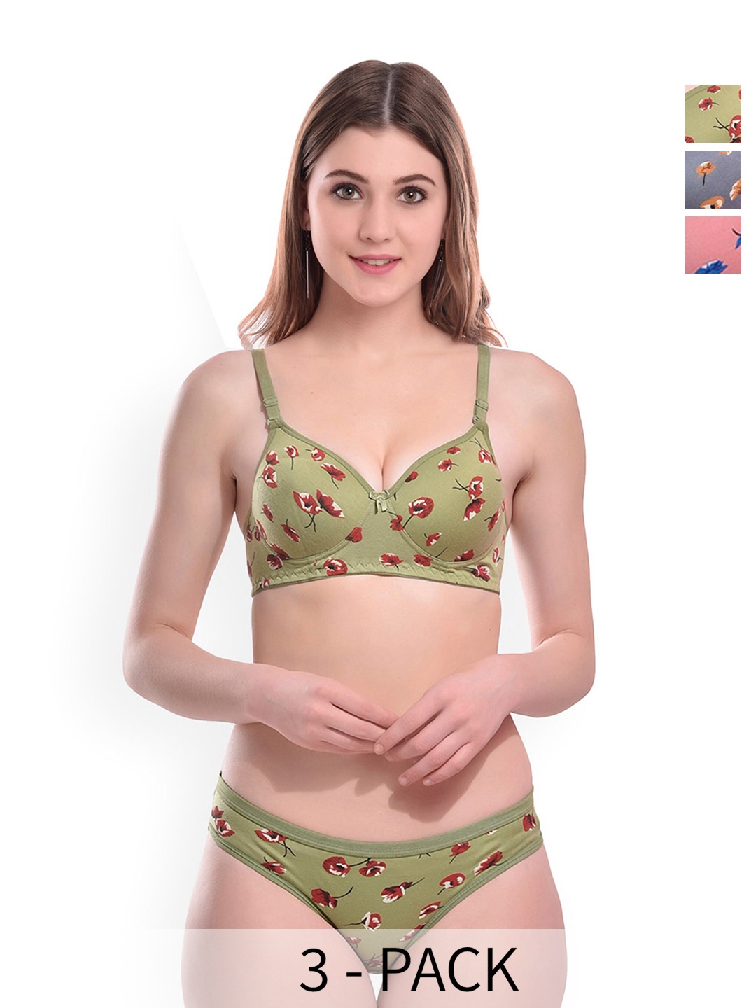 

AROUSY Pack Of 3 Printed Cotton Lightly Padded Lingerie Set Kali-Set3, Green