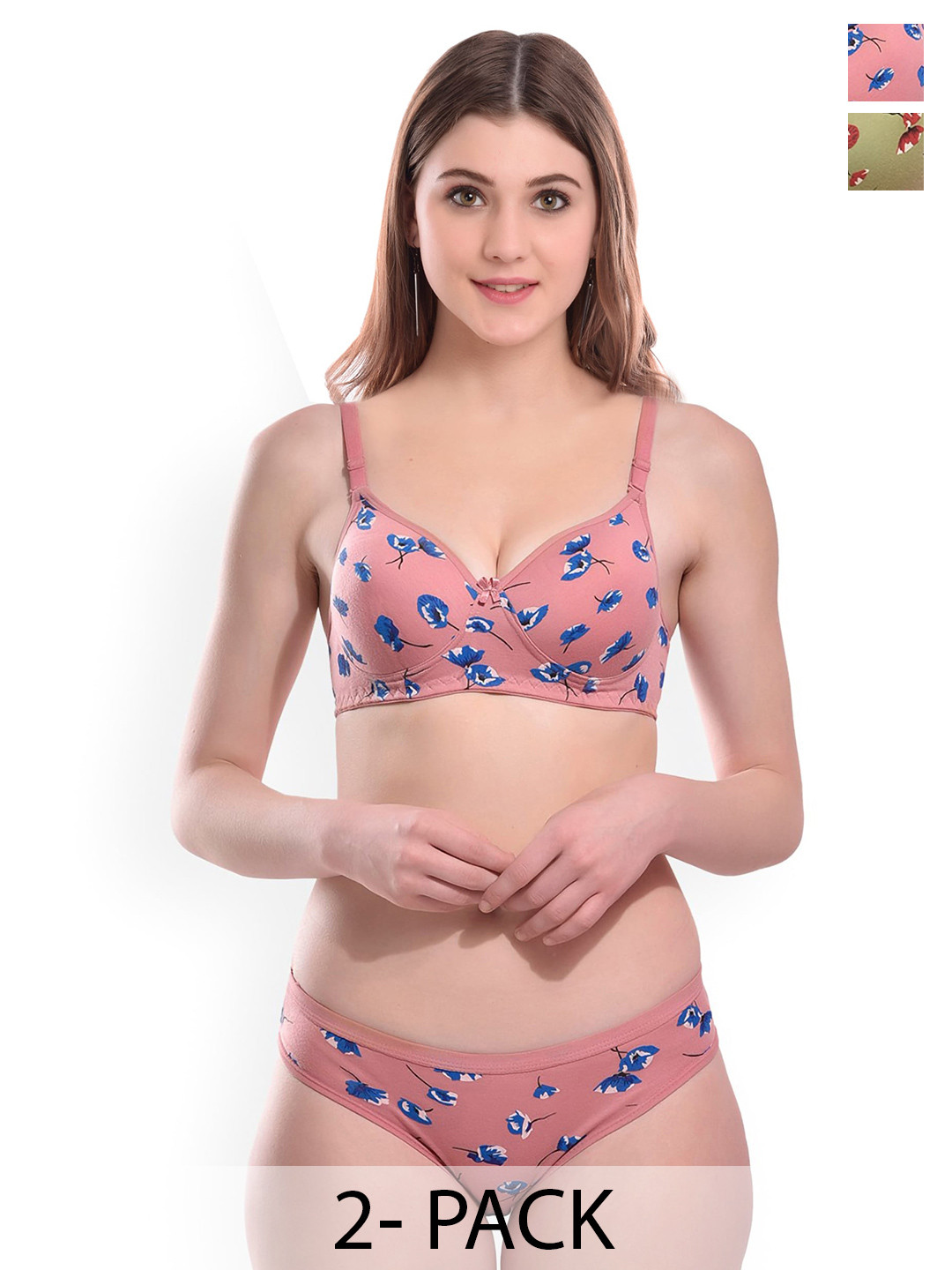

AROUSY Pack Of 2 Printed Non-Padded Cotton Lingerie Set, Pink
