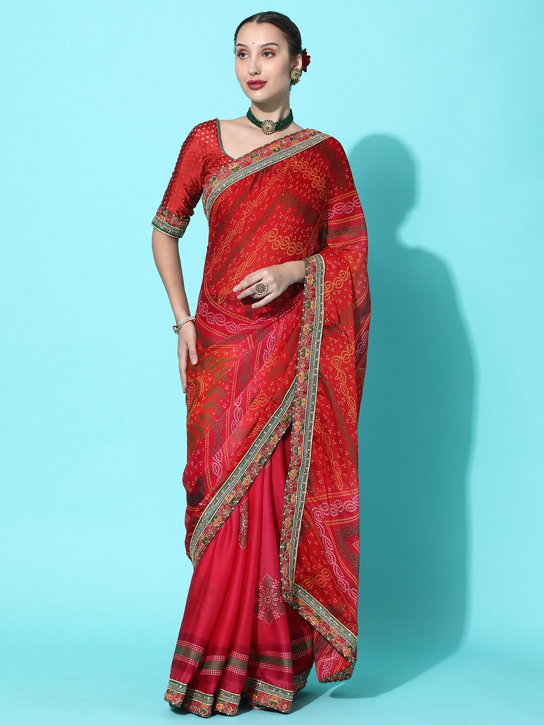 

Mitera Red & White Bandhani Embroidered Pure Chiffon Bandhani Saree