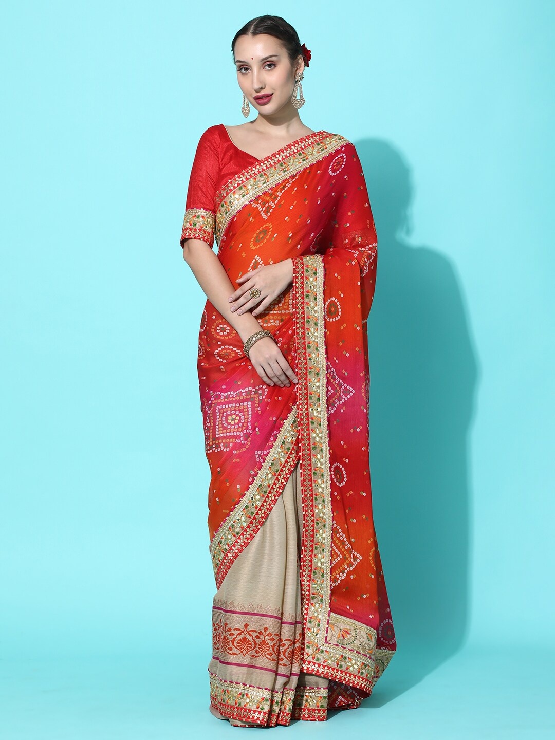 

Mitera Beige & Beige Bandhani Embroidered Pure Chiffon Half and Half Bandhani Saree