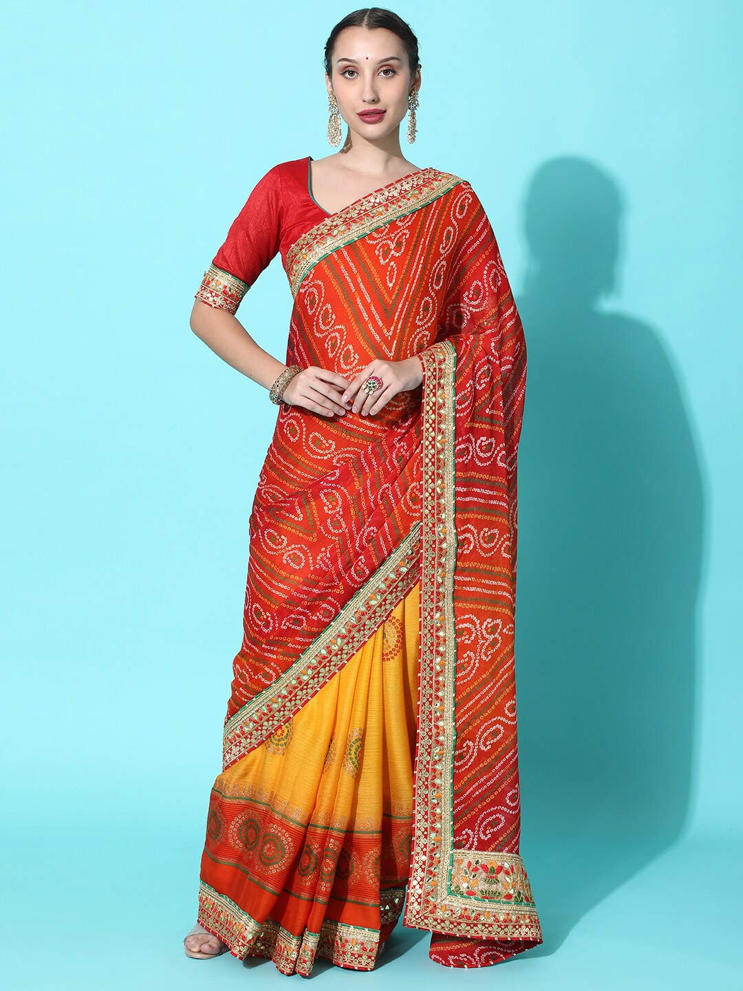 

Mitera Yellow & Red Bandhani Embroidered Pure Chiffon Bandhani Saree