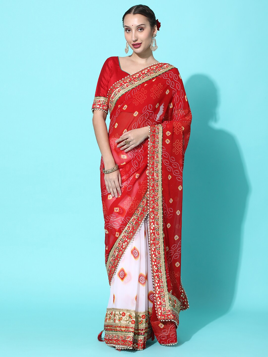 

Mitera White & Red Bandhani Embroidered Pure Georgette Half and Half Bandhani Saree